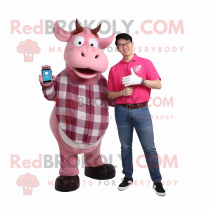 Pink Zebu mascot costume character dressed with a Flannel Shirt and Smartwatches