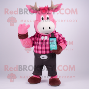 Pink Zebu mascot costume character dressed with a Flannel Shirt and Smartwatches