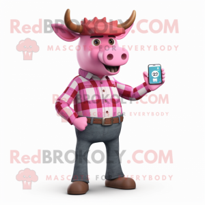 Pink Zebu mascot costume character dressed with a Flannel Shirt and Smartwatches