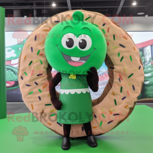 Forest Green Donut mascot costume character dressed with a Blouse and Headbands
