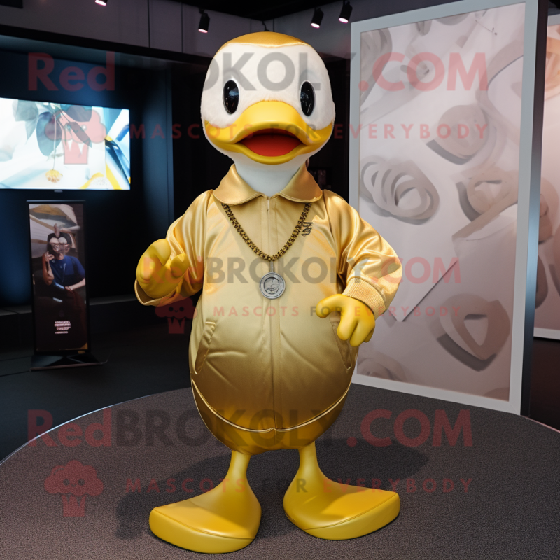 Gold Gosling mascot costume character dressed with a Romper and Necklaces Gold Gosling mascot costume character dressed with a Romper and Necklaces