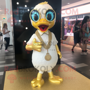 Gold Gosling mascot costume character dressed with a Romper and Necklaces