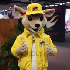 Lemon Yellow Kangaroo mascot costume character dressed with a Bomber Jacket and Hat pins