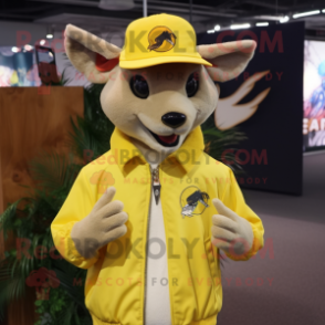 Lemon Yellow Kangaroo mascot costume character dressed with a Bomber Jacket and Hat pins