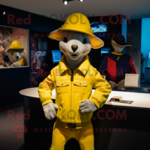 Lemon Yellow Kangaroo mascot costume character dressed with a Bomber Jacket and Hat pins