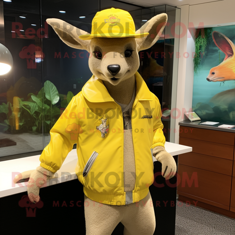 Lemon Yellow Kangaroo mascot costume character dressed with a Bomber Jacket and Hat pins