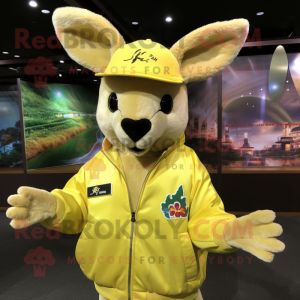 Lemon Yellow Kangaroo mascot costume character dressed with a Bomber Jacket and Hat pins