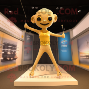 Gold Trapeze Artist mascot costume character dressed with a Yoga Pants and Tie pins