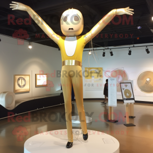 Gold Trapeze Artist mascot costume character dressed with a Yoga Pants and Tie pins