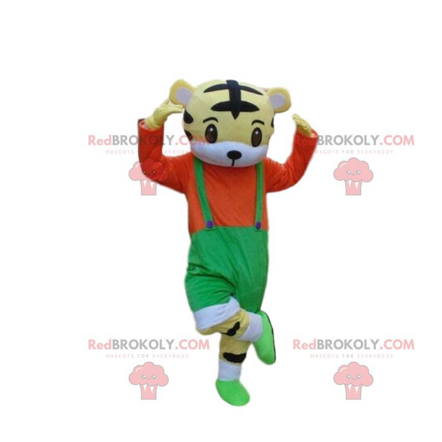 Little tiger mascot with overalls, tiger costume -