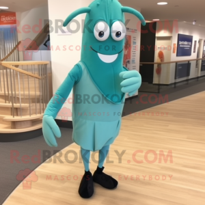 Teal Shrimp Scampi mascot costume character dressed with a Sheath Dress and Shoe laces