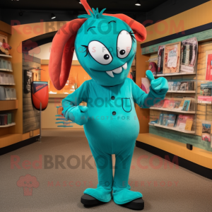 Teal Shrimp Scampi mascot costume character dressed with a Sheath Dress and Shoe laces