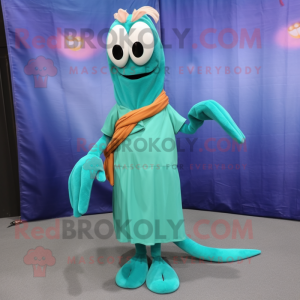 Teal Shrimp Scampi mascot costume character dressed with a Sheath Dress and Shoe laces