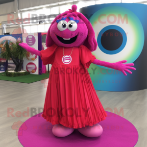 Magenta Pink mascot costume character dressed with a Maxi Dress and Rings