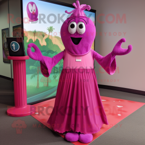 Magenta Pink mascot costume character dressed with a Maxi Dress and Rings