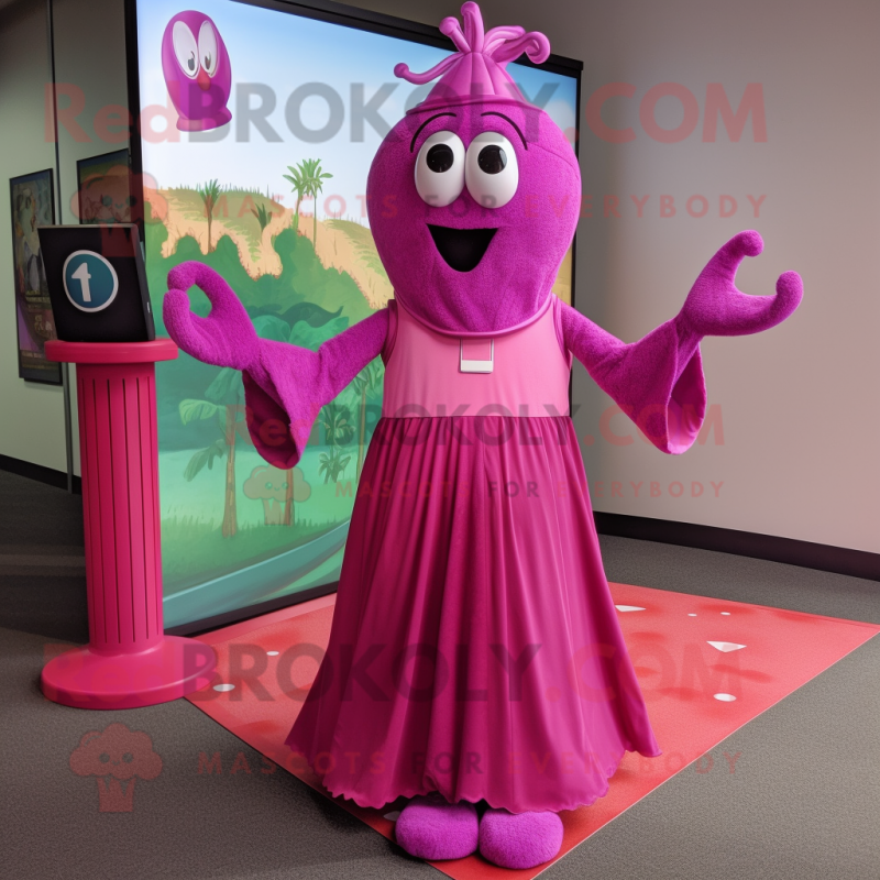 Magenta Pink mascot costume character dressed with a Maxi Dress and Rings
