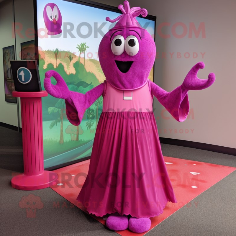 Magenta Pink mascot costume character dressed with a Maxi Dress and Rings Magenta Pink mascot costume character dressed with a Maxi Dress and Rings