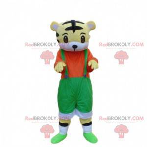 Little tiger mascot with overalls, tiger costume -