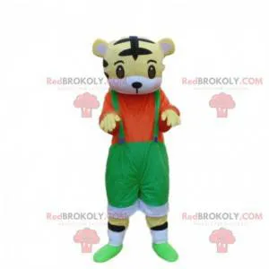 Little tiger mascot with overalls, tiger costume -