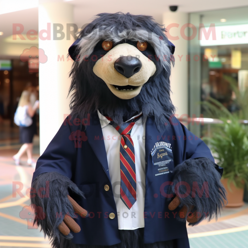 Navy Sloth Bear mascot costume character dressed with a Blazer and Scarves