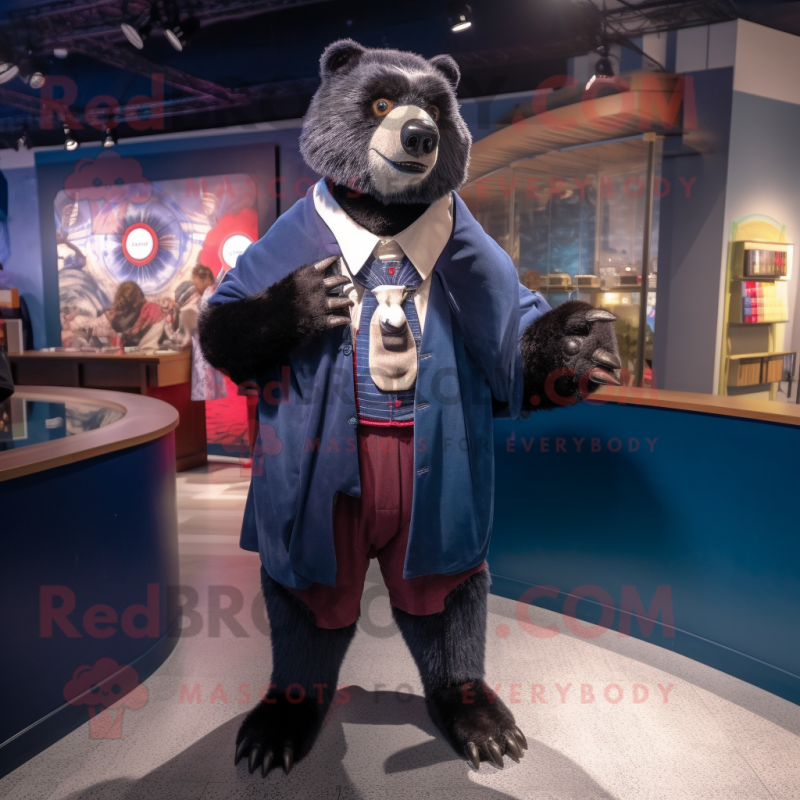 Navy Sloth Bear mascot costume character dressed with a Blazer and Scarves