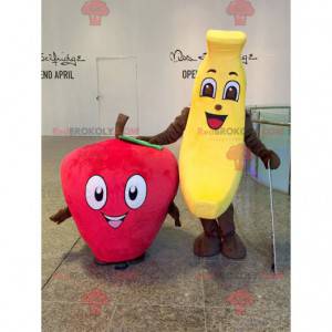 2 mascotes: uma banana amarela e um morango vermelho -