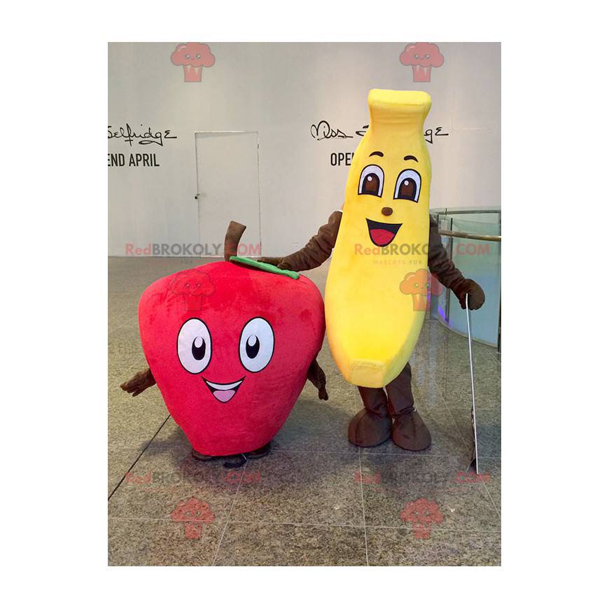 2 mascotes: uma banana amarela e um morango vermelho -