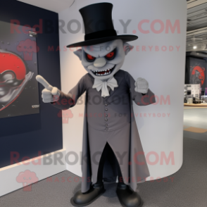 Gray Vampire mascot costume character dressed with a Trousers and Hat pins