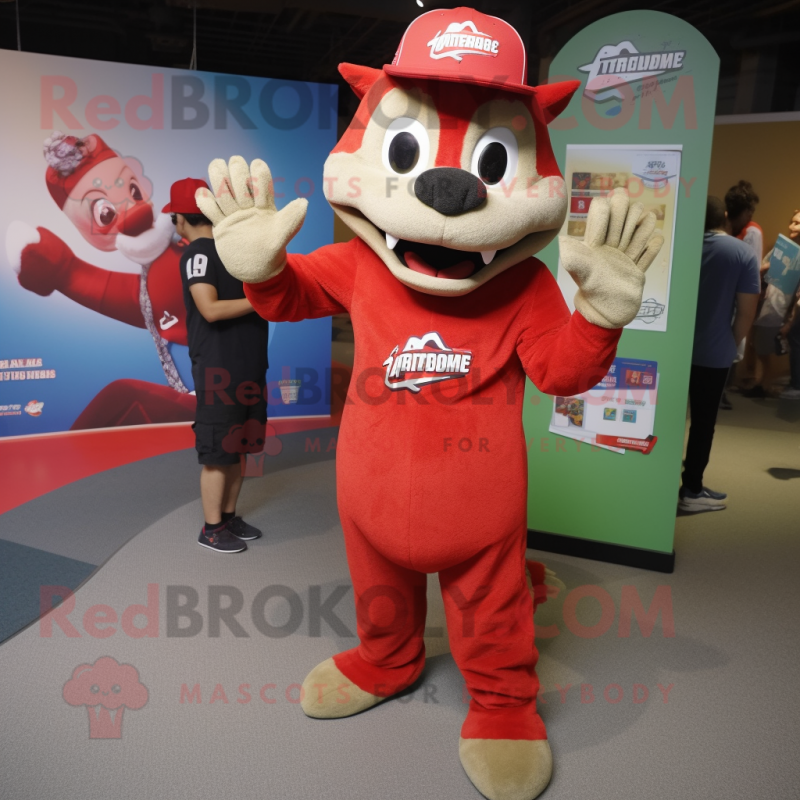 Red Chupacabra mascot costume character dressed with a Henley Tee and Caps