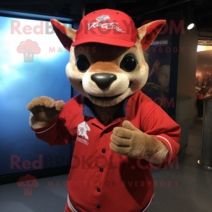 Red Chupacabra mascot costume character dressed with a Henley Tee and Caps