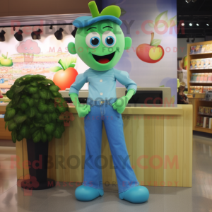 Cyan Apple mascot costume character dressed with a Mom Jeans and Shoe clips