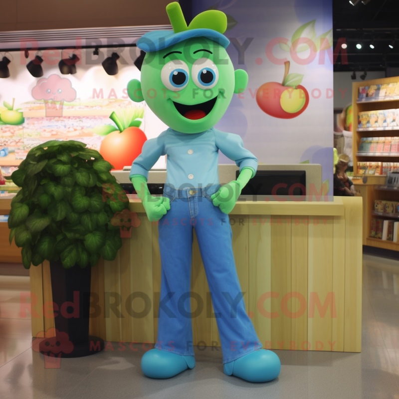 Cyan Apple mascot costume character dressed with a Mom Jeans and Shoe clips Cyan Apple mascot costume character dressed with a Mom Jeans and Shoe clips