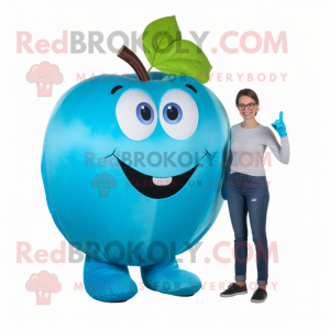 Cyan Apple mascot costume character dressed with a Mom Jeans and Shoe clips