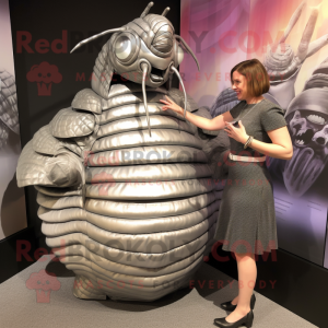 Silver Trilobite mascot costume character dressed with a Shift Dress and Wraps
