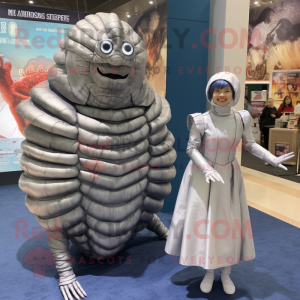 Silver Trilobite mascot costume character dressed with a Shift Dress and Wraps