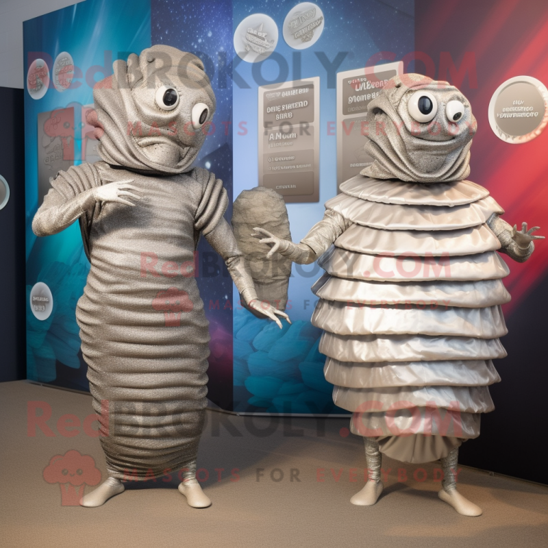 Silver Trilobite mascot costume character dressed with a Shift Dress and Wraps