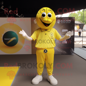 Yellow Petanque Ball mascot costume character dressed with a V-Neck Tee and Cufflinks