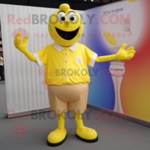 Yellow Petanque Ball mascot costume character dressed with a V-Neck Tee and Cufflinks