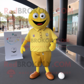Yellow Petanque Ball mascot costume character dressed with a V-Neck Tee and Cufflinks