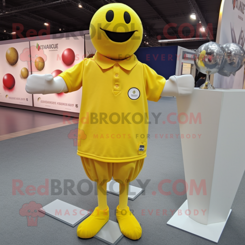 Yellow Petanque Ball mascot costume character dressed with a V-Neck Tee and Cufflinks Yellow Petanque Ball mascot costume character dressed with a V-Neck Tee and Cufflinks