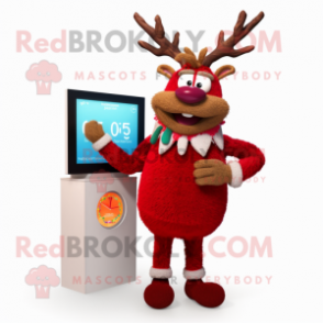 Red Reindeer mascot costume character dressed with a Cardigan and Digital watches