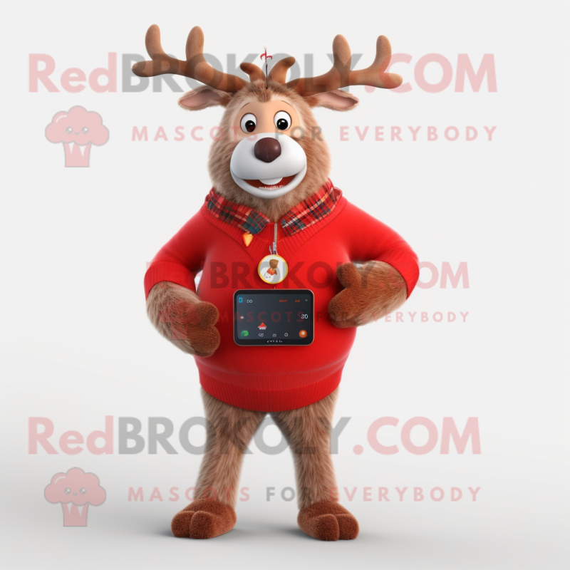 Red Reindeer mascot costume character dressed with a Cardigan and Digital watches Red Reindeer mascot costume character dressed with a Cardigan and Digital watches