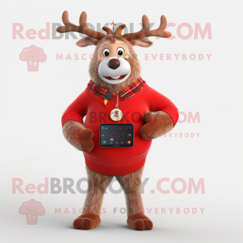 Red Reindeer mascot costume character dressed with a Cardigan and Digital watches