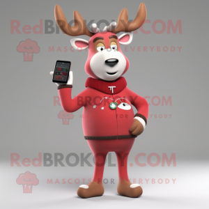 Red Reindeer mascot costume character dressed with a Cardigan and Digital watches