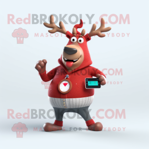 Red Reindeer mascot costume character dressed with a Cardigan and Digital watches