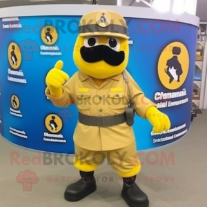 Gold Para Commando mascot costume character dressed with a A-Line Dress and Hats