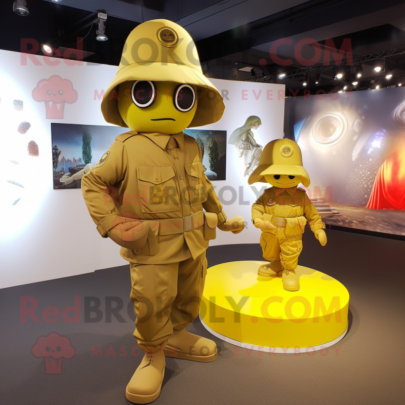 Gold Para Commando mascot costume character dressed with a A-Line Dress and Hats