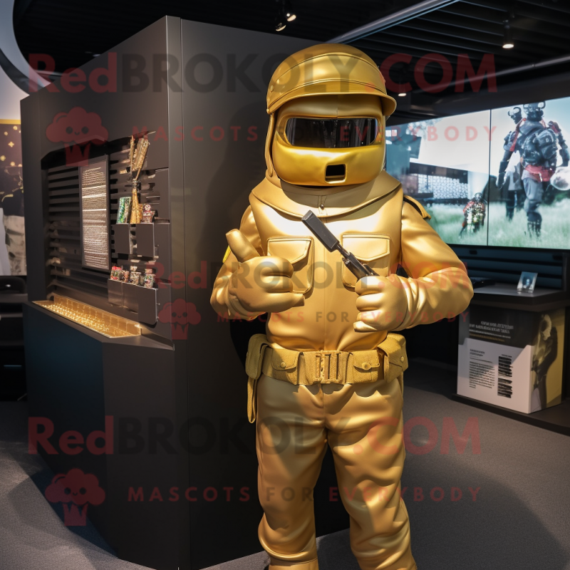 Gold Para Commando mascot costume character dressed with a A-Line Dress and Hats Gold Para Commando mascot costume character dressed with a A-Line Dress and Hats