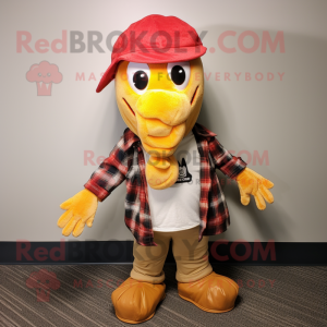 Gold Lobster mascot costume character dressed with a Flannel Shirt and Caps