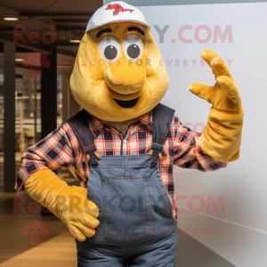 Gold Lobster mascot costume character dressed with a Flannel Shirt and Caps